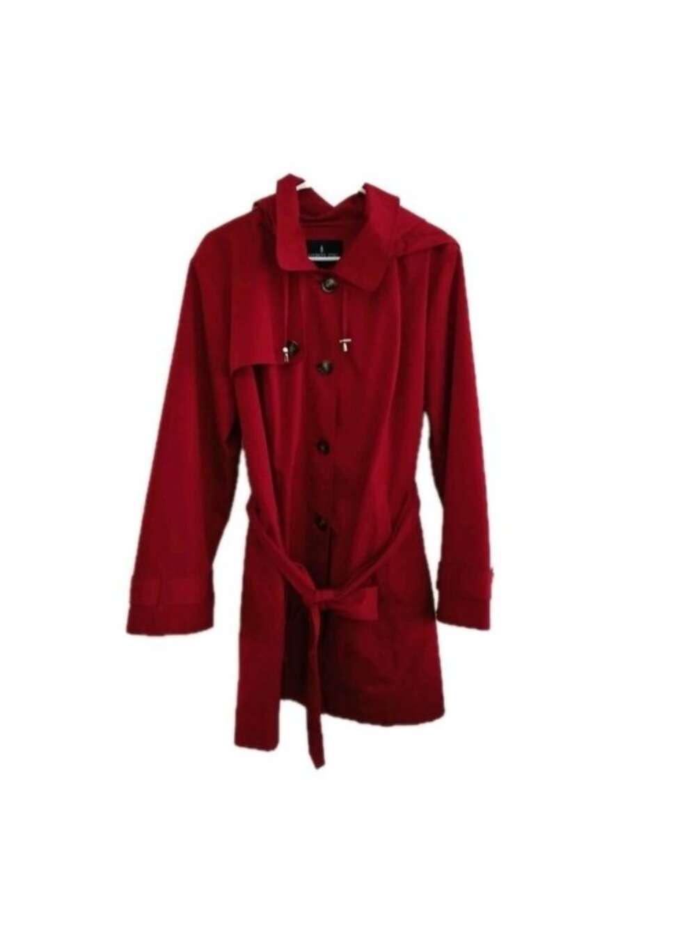 London Fog Hooded Trench Coat  Red Belted Size XXL Midi Tailored Quiet Luxury